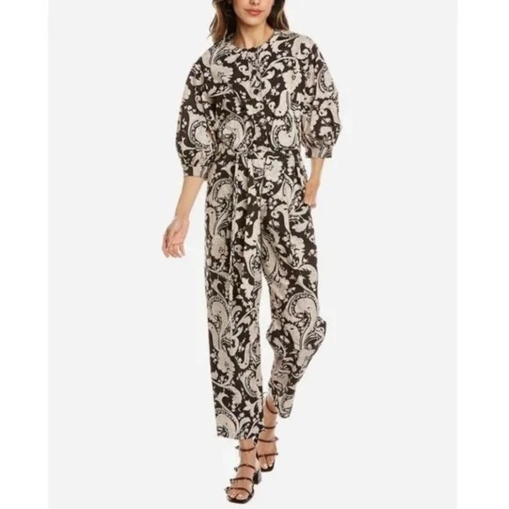 REBECCA TAYLOR Paisley Jumpsuit Scroll Paisley Espresso Belted‎ Brown Medium